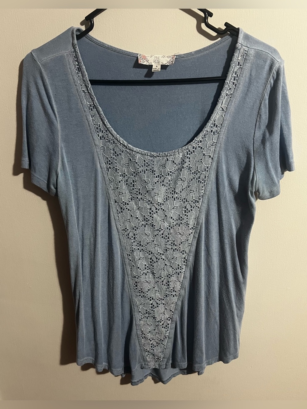 Pink Rose Dusty Blue Lace-Front Scoop Neck Short Sleeve Top